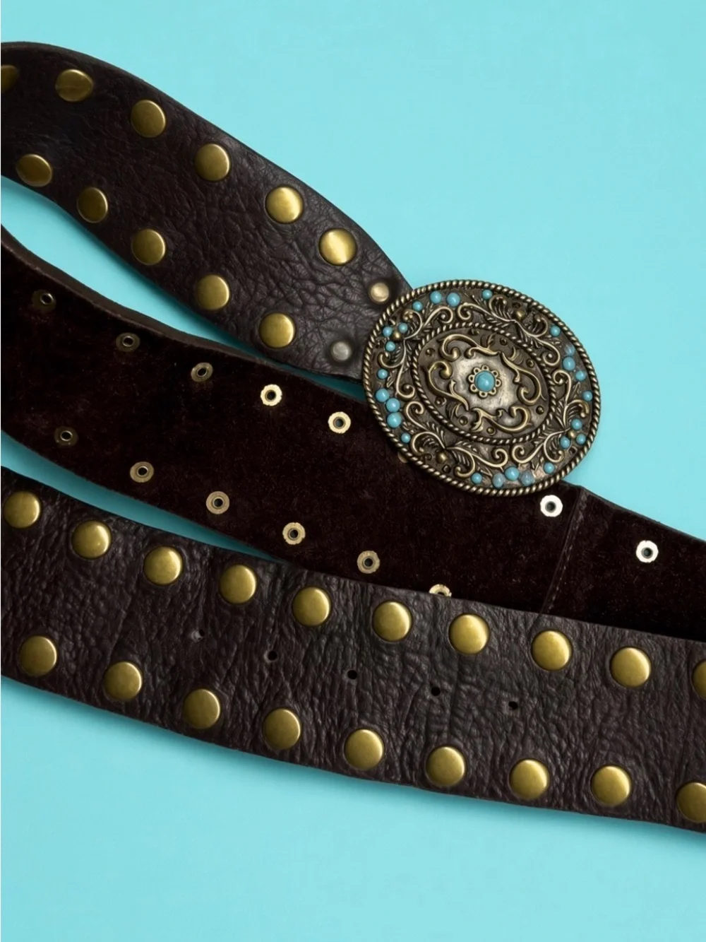 Vintage Leatherock Brown Leather Western Belt brass suds turquoise buckle